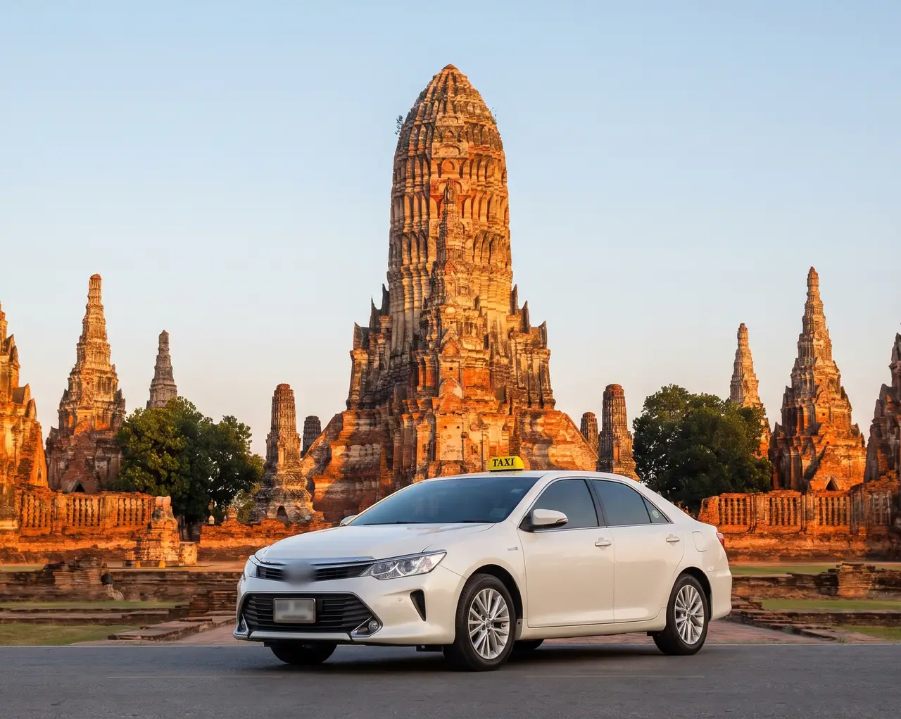 A white sedan taxi in front of Wat Chaiwatthanaram, Ayutthaya, at golden hour